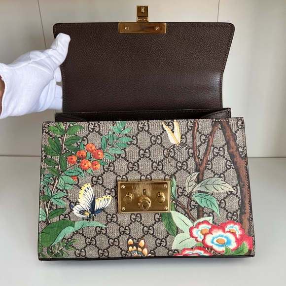 GUCCI ⭐️ Tian GG Floral Print Padlock Top Handle Shoulder Small Bag + Dust Bag - Picture 8 of 16